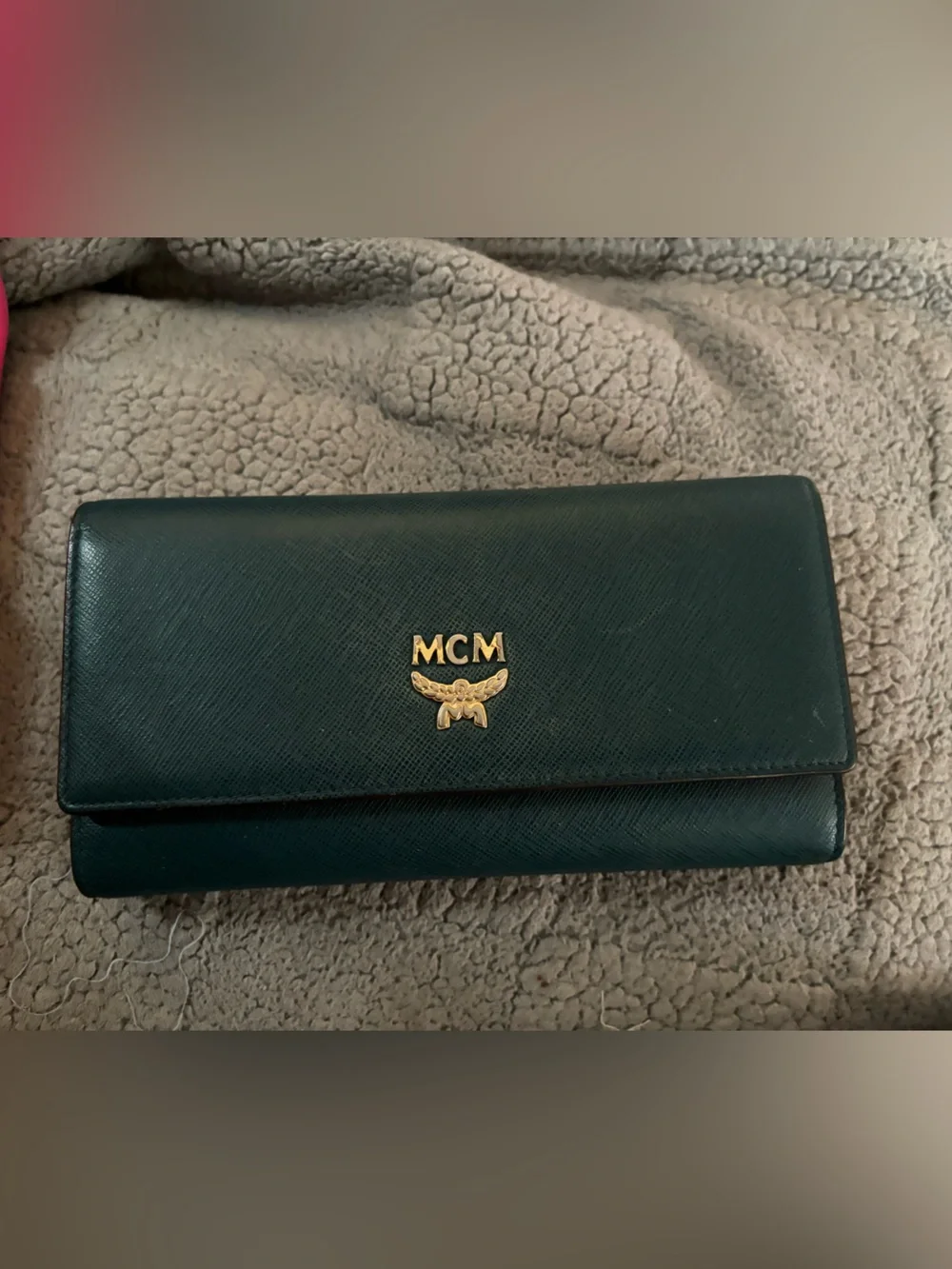 MCM Green Leather Trifold Wallet with Gold Emblem